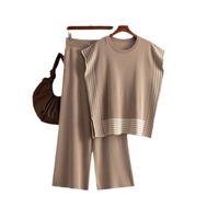 Ensemble deux pièces décontracté Blubelle pour femme, tricoté color-block, patchwork, col rond, manches courtes + pantalon ample