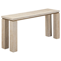 Table console rectangulaire longue en travertin beige avec quatre pieds carrés et détails incrustés en laiton pour entrée et hall – Meuble de maison de rêve
