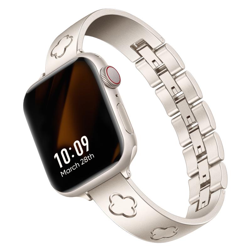 Women 18K Gold Floral Four-leaf Clover 316L Stainless Steel Hand Adjustable Bracelet Band Strap for Apple Watch WB0251S