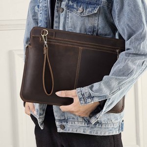 A4 Vintage Ordinary Leather <span class=keywords><strong>Document</strong></span> Bag 14 pulgadas Slim Laptop Sleeve <span class=keywords><strong>Case</strong></span> <span class=keywords><strong>Zipper</strong></span> Two Pock con asa Carpeta de archivos de cuero de vaca genuino - Product Image 3