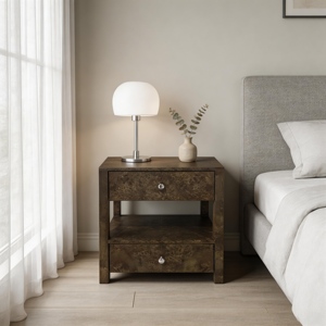 Commode minimaliste antique en bois de saule noir chic à 2 tiroirs, table de chevet en bois - Product Image 4