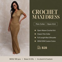 Robe longue moulante en crochet pour femme avec logo personnalisé, col polo, boutonnée, tissage ouvert, idéale pour les vacances de printemps – Fabrication OEM & ODM