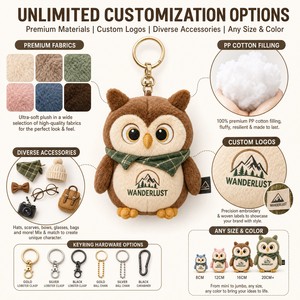 Portachiavi Peluche Gufo Personalizzato, Ciondolo Morbido per Borsa, Fornitura Diretta dalla Fabbrica, Servizio di Campionatura Rapida, Basso MOQ, Mascotte di Qualsiasi Dimensione, Regalo Promozionale - Product Image 4