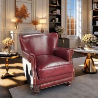 Fauteuil en cuir de vachette noir et blanc de style européen, cuir véritable, structure en bois massif, fauteuil luxueux à une place, mobilier d'intérieur, chaise confortable