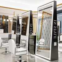 Miroir de salon de barbier à cadre en aluminium double face moderne Miroir de sol droit Grand miroir Led Miroir de salon de coiffure européen