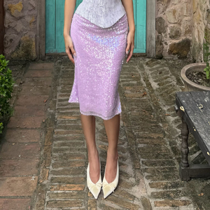 Jupe midi décontractée pour femme, taille naturelle, broderie de sequins violets, design droit écologique, idéale pour festivals, soirées et clubs - Product Image 3