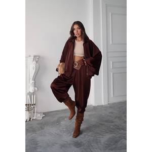 Pantalon Harem en Satin Marron Foncé pour Femme, Respirant, Style Cargo Classique avec Taille Basse Élastique, Coupe Ample - Product Image 3