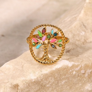 Wholesales Gold Plated Stainless Steel Enamel Jewelry Colorful Stone <b>Tree</b> Ring for Women - Product Image 2