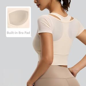 เสื้อโยคะผู้หญิงแบบขายส่ง ผ้าตาข่าย 2 in 1 มีบราในตัว แขนสั้น ทรงครอป เสื้อออกกำลังกาย ยืดหยุ่นสูง ระบายอากาศได้ดี - Product Image 2
