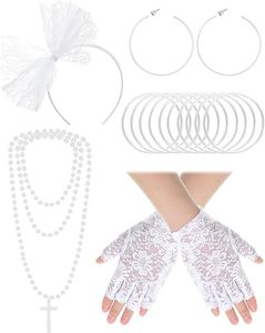 <strong>80s</strong> Fancy Dress Costume Cosplay Accessories Lace <strong>Headband</strong> Earrings Fishnet Gloves Necklace Bracelet for Halloween Retro Party - Product Image 5