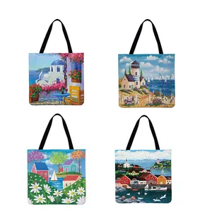 Vrouwen Schoudertas Landschap Art Gedrukt Draagtas Linnen Casual Tote Opvouwbaar Herbruikbare Shopping Hand Strandtas