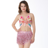 2 pièces Crop top femme à paillettes scintillantes, bustier plongeant sexy, à lacets papillon, pour rave, Halloween, tenue de clubwear et de danse orientale, en polyester