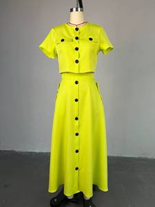 Ensemble de vêtements pour femmes, haut court à manches courtes boutonné de couleur bonbon, jupe en deux pièces, tendance - Product Image 5