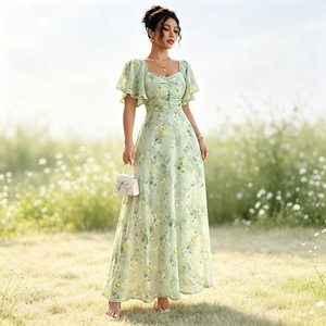 Vestido de Gasa con Cuello Cuadrado para Mujer 2026, Elegante Estampado Floral, Falda de Verano, Vestido Mini Casual de Manga Corta con Corte <span class=keywords><strong>en</strong></span> A, Venta al por Mayor de Moda - Product Image 3