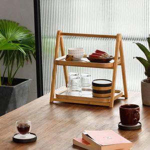Estante de almacenamiento de escritorio de doble capa de bambú y madera, soporte plegable para exhibición de postres, pastelería, servicio de té, organizador multiusos - Product Image 3