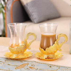 Décoration de maison tasse à thé arabe dorée de luxe pour fête de mariage ensemble de tasses à café en verre turc avec support en métal - Product Image 2