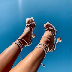 Summer Woman Shoes Sandals Basic Pu Fashion Cross-tied Spike Heels Lace-Up Party Pumps size 35- 41 Black White Apricot