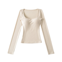 Blouse courte ajustée à manches longues et col en V, version coréenne printemps, légère, respirante, avec rembourrage poitrine et taille, finition macaron sable