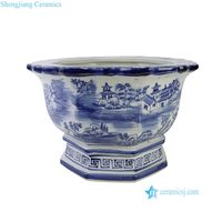 Pot de fleurs en porcelaine RZSC76-B, style chinoiserie bleu et blanc, paysage de pavillon chinois, bord festonné octogonal