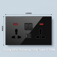 Interruptores y Tomas de Corriente de Pared de Vidrio Templado Universal Negro con Cargador Rápido USB Tipo C de 20W y Luz Indicadora para Reino Unido y Malta