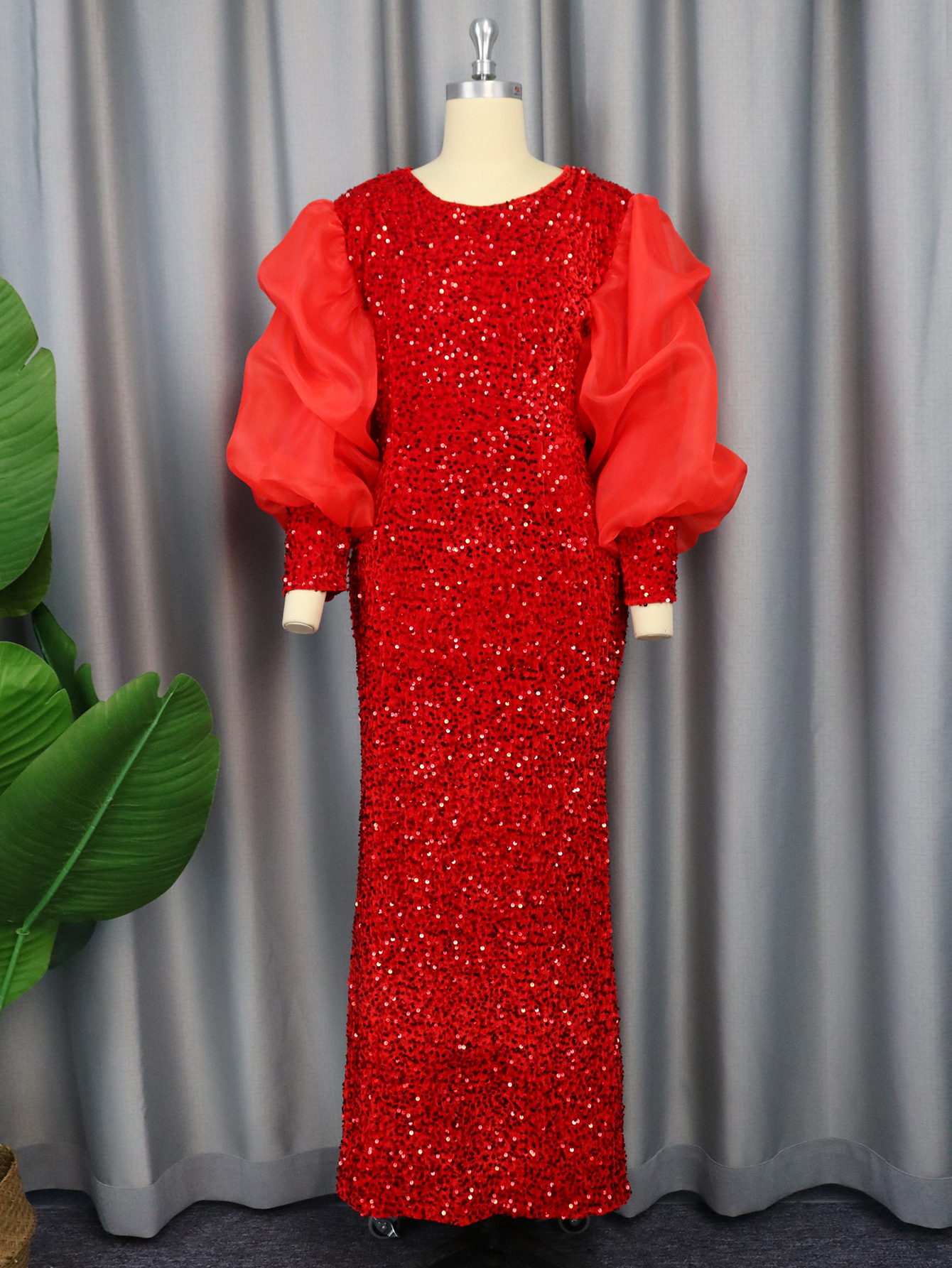 red party dress with puff sleves