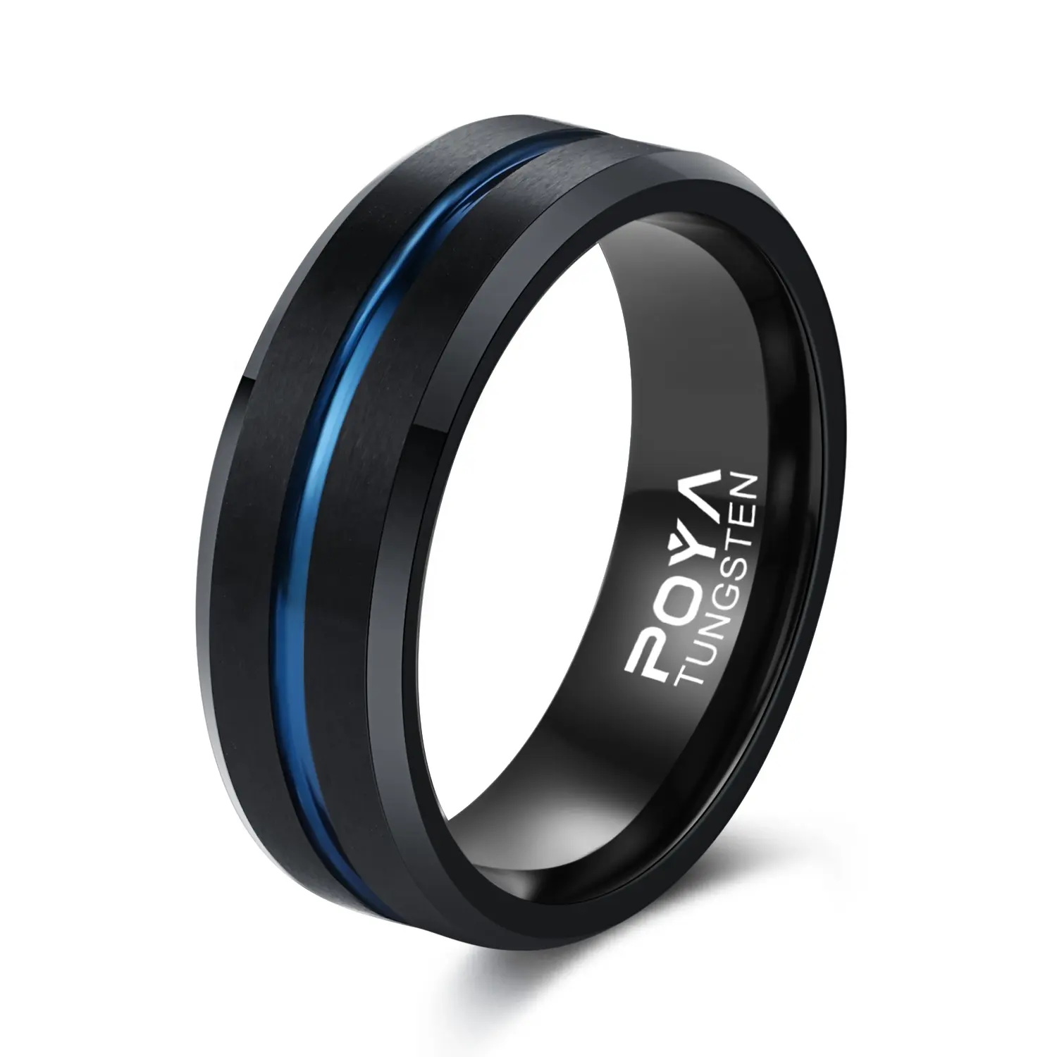 POYA Black Brushed Tungsten Ring Blue Groove 8mm Mens Wedding Band Bevelved Edge Comfort Fit For Men