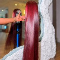 Nouvelle perruque en cheveux humains lisses bordeaux 99J, perruque frontale en dentelle HD ultra-lisse, pré-épilée, sans colle, en cheveux vierges, vente en gros