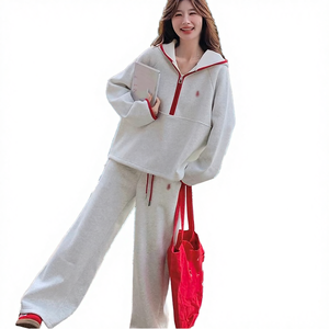 Conjunto de Sudadera con Capucha y Pantalones Anchos Gris Sólido Unisex Otoño 2026 con Micro Bordado y Ribete Casual - Product Image 4