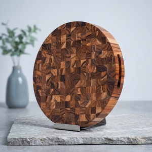 <span class=keywords><strong>Planche</strong></span> à découper ronde en bois de teck à grain traversant avec poignée intégrée, bloc de découpe en bois robuste pour la préparation des repas en cuisine - Product Image 1