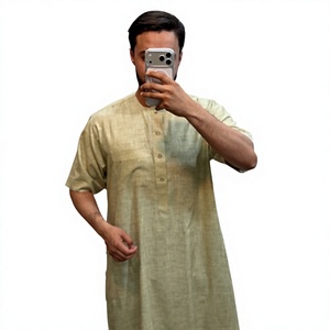 <b>Men's</b> Gray Cotton <b>Thobe</b> Short Sleeve Round Neck Embroidered Ethnic Regular Fit Breathable Floor Length Daily Wear Islam Style - Product Image 6