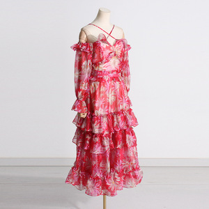 <span class=keywords><strong>Abito</strong></span> lungo con cinturino incrociato di temperamento 2023 nuovo Design stampato con arricciatura in vita dimagrante in Chiffon da donna - Product Image 3