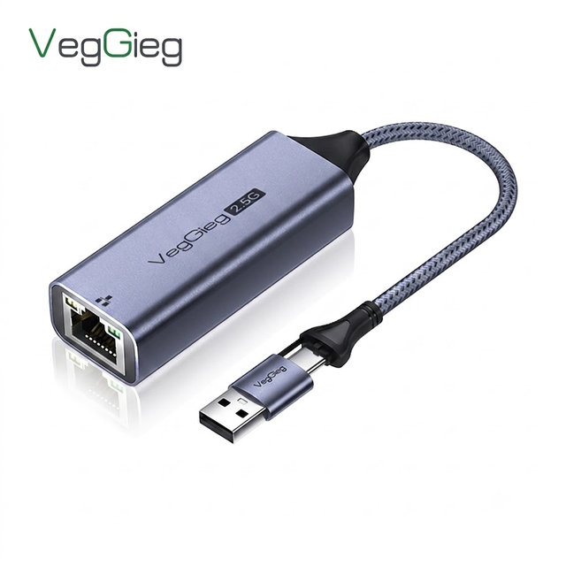 Veggieg 2 in 1 USB 3.0 Type C to RJ45 2.5G Ethernet Adapter Aluminum Alloy High Speed Network Card Drive-Free