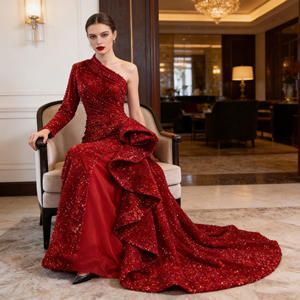 Red One Shoulder Sequined Mermaid Natural Sweep Evening Party <strong>Dresses</strong> For Classic Wedding Gowns For Women - Product Image 5