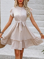 Robe Midi Femme Élégante Style Vacances Transfrontalières Automne-Été 2025 à Pois, Coupe Trapèze, Col Rond, Manches Courtes, Volants et Taille Naturelle Froncée
