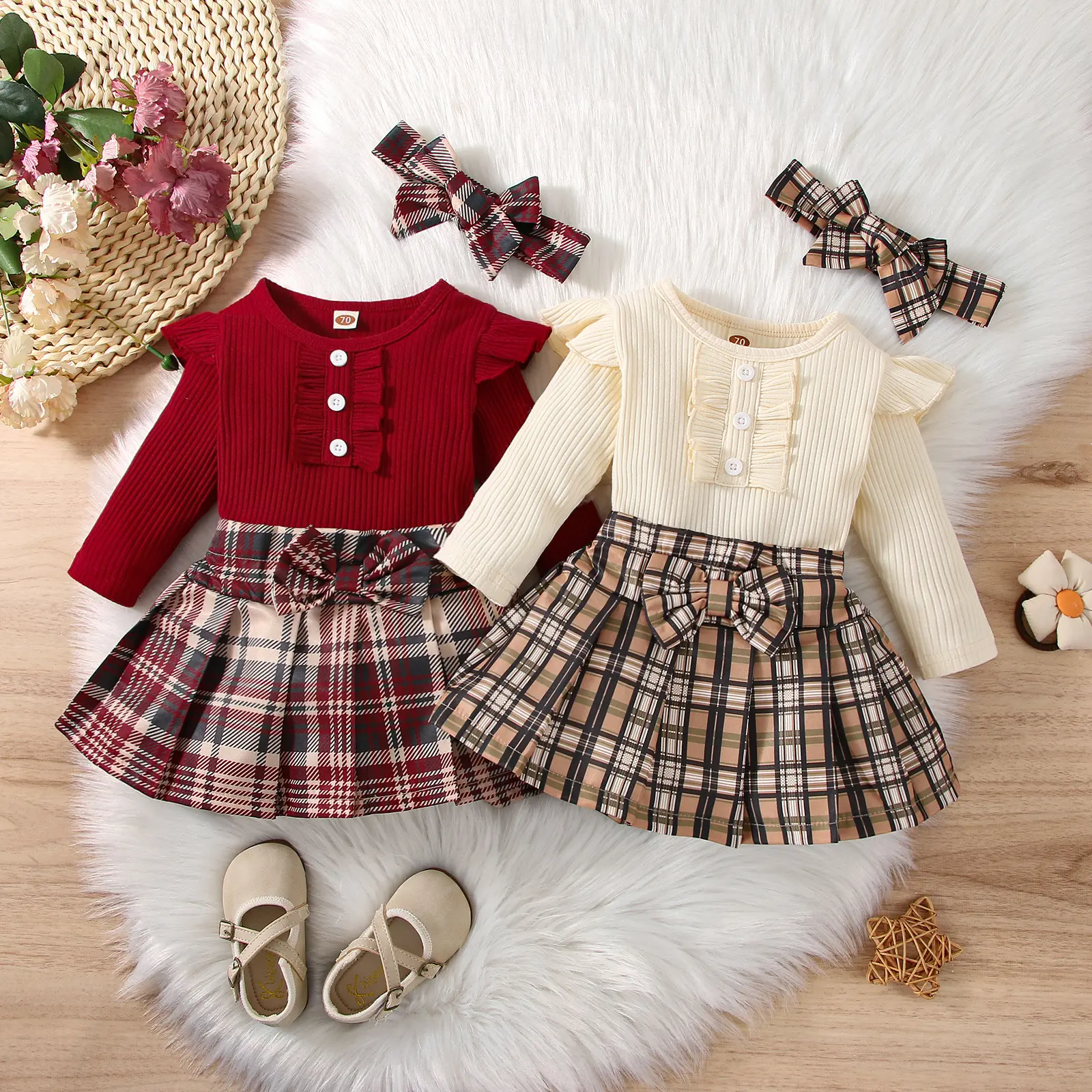 Winter Solid Ribbed Flutter Sleeve Tops Set Baby Girl Plaid Skirt Outfits Children Two Pieces Set
