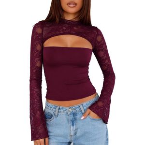 Top Corto de Encaje de Manga Larga con Cuello Alto, Manga Campana y Recortes, Translúcido, Ajustado, para Fiesta de Mujer - Product Image 1