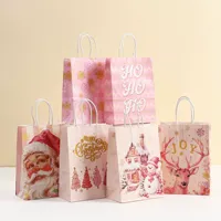 Sacs cadeaux de Noël en papier kraft rose avec motif Père Noël, arbre, maison de neige, rennes, sacs d'emballage pour les fêtes