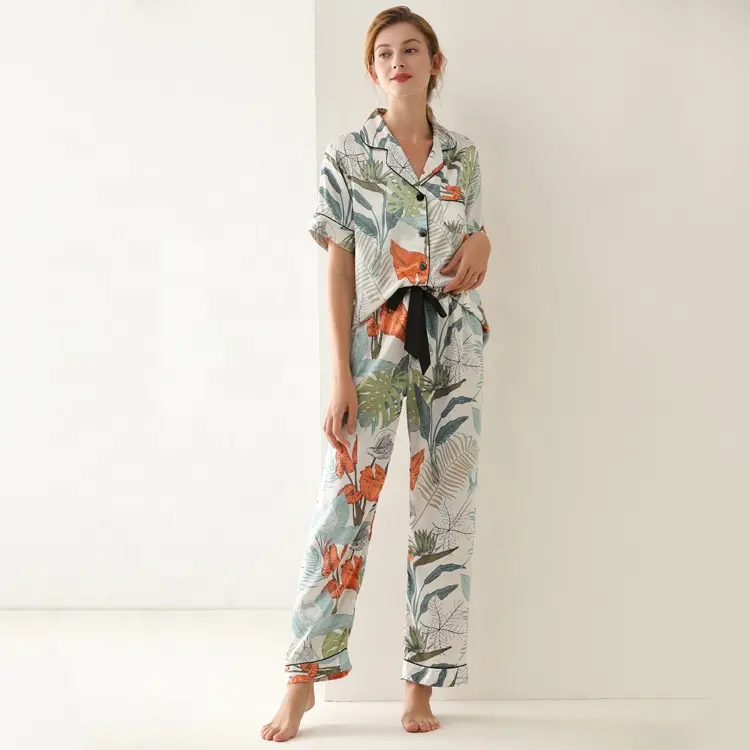 Frühlings pflanze Satin Seide Frauen Pyjamas Blätter Dot Print Schnür hose V-Ausschnitt Kurzarm Langhose Pyjama Frau Nachtwäsche