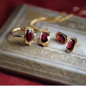 14k gold plated sterling silver 925 fine jewelry crystal healing stone natural garnet pendant ring stud earring set
