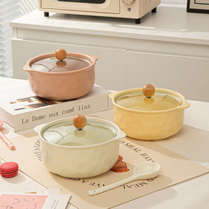 Tazón de Cerámica para Fideos Instantáneos con Tapa, Tazón Grande para Sopa con Doble Asa, Apto para Microondas, Uso Doméstico, Color Sólido, Primavera 2024 - Product Image 1