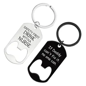 Personalized Father Day Bottle Opener Keychain Stainless Steel Flat Beer Bottle Opener Keychain Key Ring Engraved Text