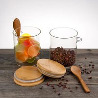 Toples kaca dapur multifungsi, wadah makanan kaca dapur dengan sendok tutup bambu segel-untuk stoples bumbu