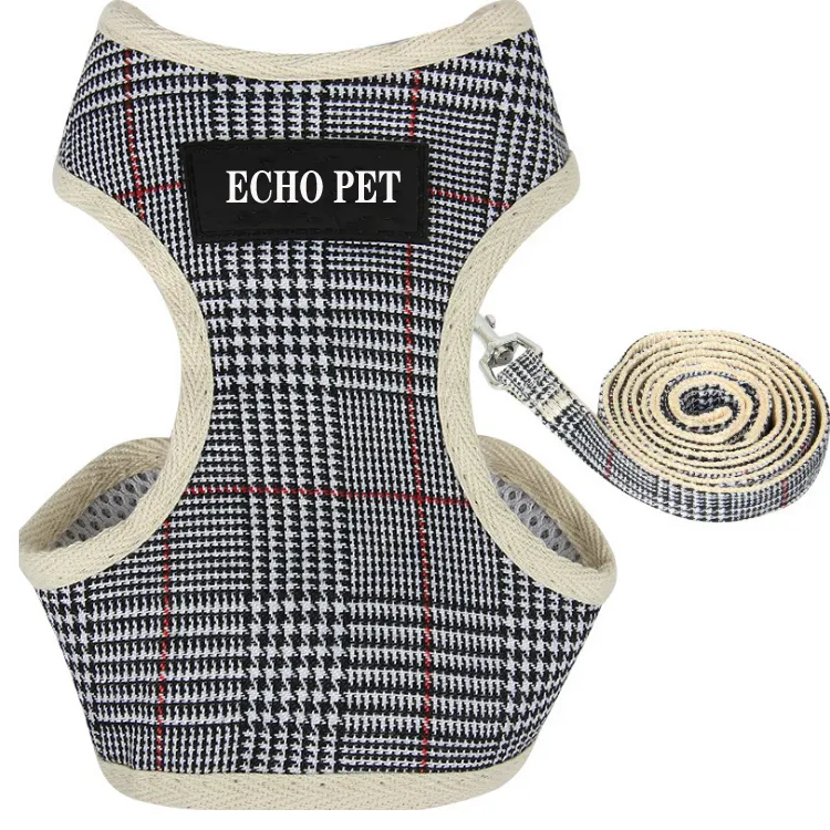 Best selling Wholesale Plaid Soft Fabric Small dog leash and harness