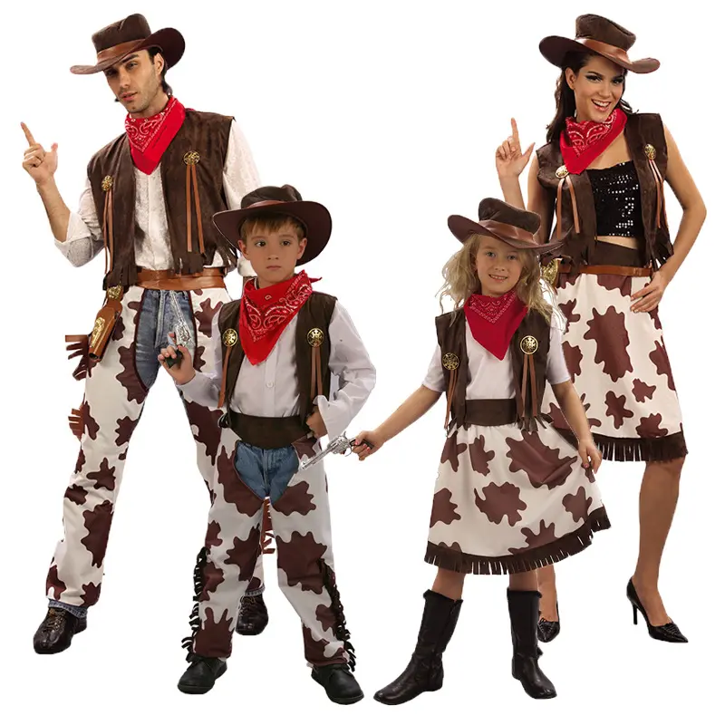 Cadılar bayramı Cosplay ebeveyn-çocuk batı kovboy kostümleri giyinmek kadınlar ve erkekler için