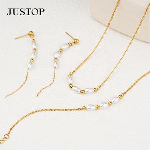 Wholesale Custom Stainless Steel PVD 18K 24K Gold Natural Pearl <b>Shell</b> Trendy Earrings <b>Bracelet</b> Jewelry Set Necklaces Justop - Product Image 1