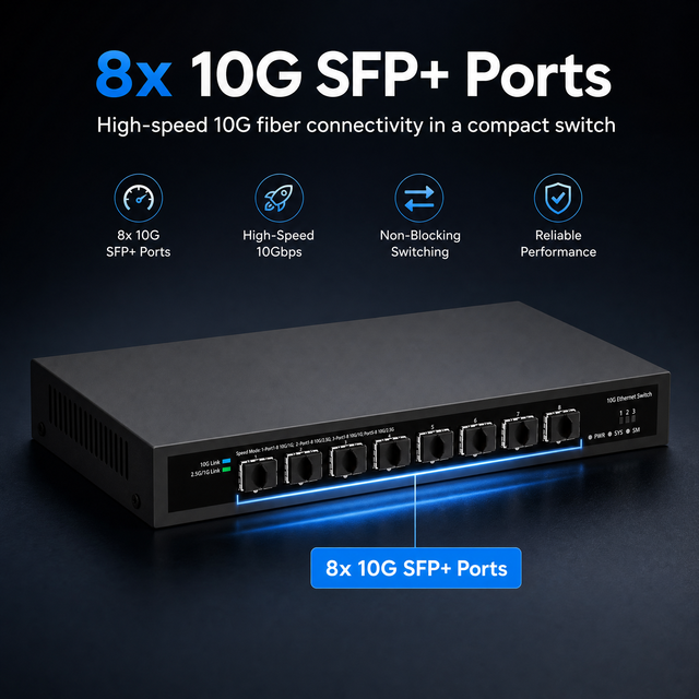 8 Port SFP+ 10Gbps Fiber Network Switch Unmanaged 10Gbe Ethernet Switch Plug and Play for Home Lab High Speed Networking