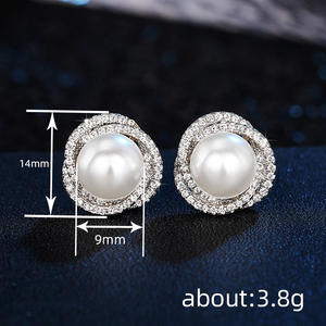 Pendientes de oro blanco E2316 con perla de imitación y engaste de diamantes para mujer, joyería clásica de moda para bodas. - Product Image 6