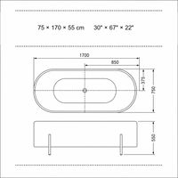 Bañera Ovalada Independiente Personalizada, Blanca Brillante, con Patas de Metal Negro para Baño Moderno, 170 cm