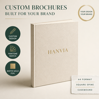 Brochure d'entreprise personnalisée en papier d'art texturé, couverture rigide A4, logo estampé à chaud, typographie minimaliste, profil d'entreprise, brochure de marque