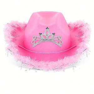 Nouveaux chapeaux de cowgirl roses de style occidental unisexes, chapeau Fedora à bord roulé avec bordure en plumes pour festival, fête, pêche, au design féminin - Product Image 4